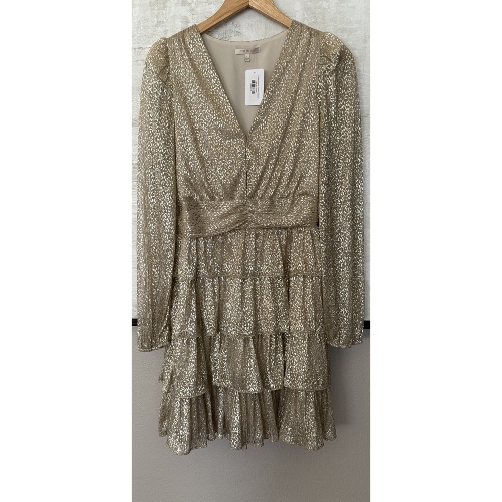 Skies Are Blue Gold Metallic Golden Hour Tired‎ Holiday Party Dress Small NEW!